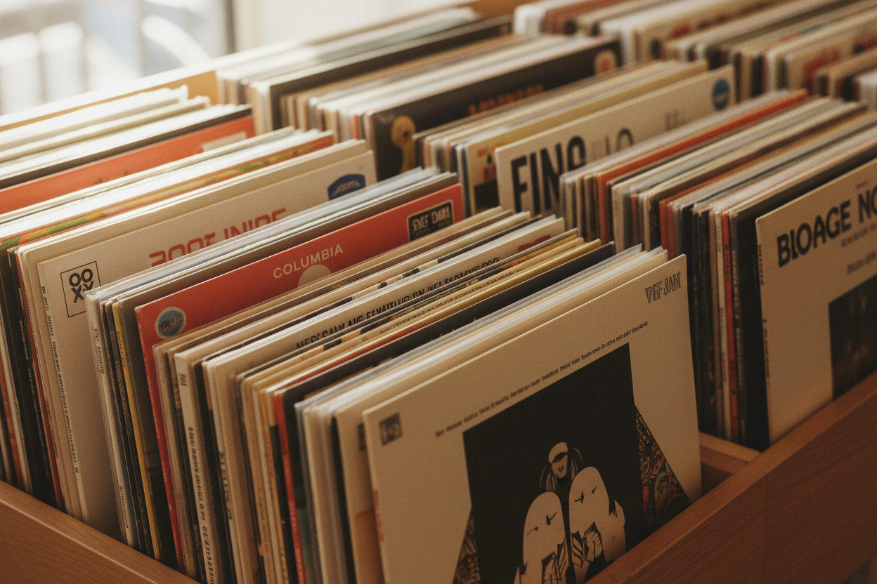 Collection of vinyl records with visible labels in a box