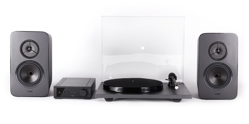 Audio equipment including speakers, amplifier, and turntable on a white background