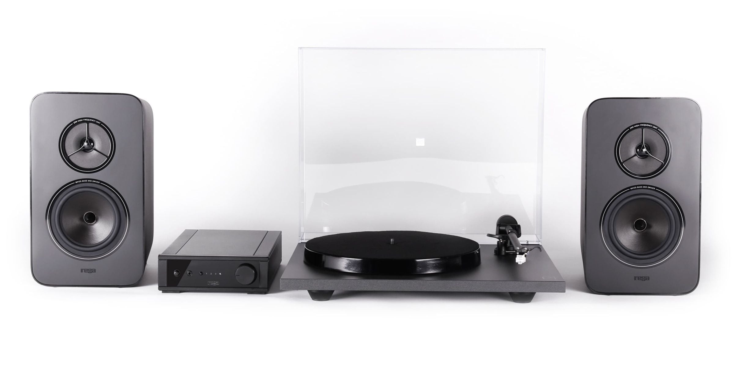 Audio equipment including speakers, amplifier, and turntable on a white background