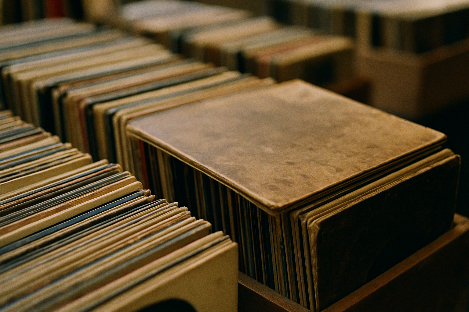 Can we make the photo a closer up of vinyls but not so obviously AI